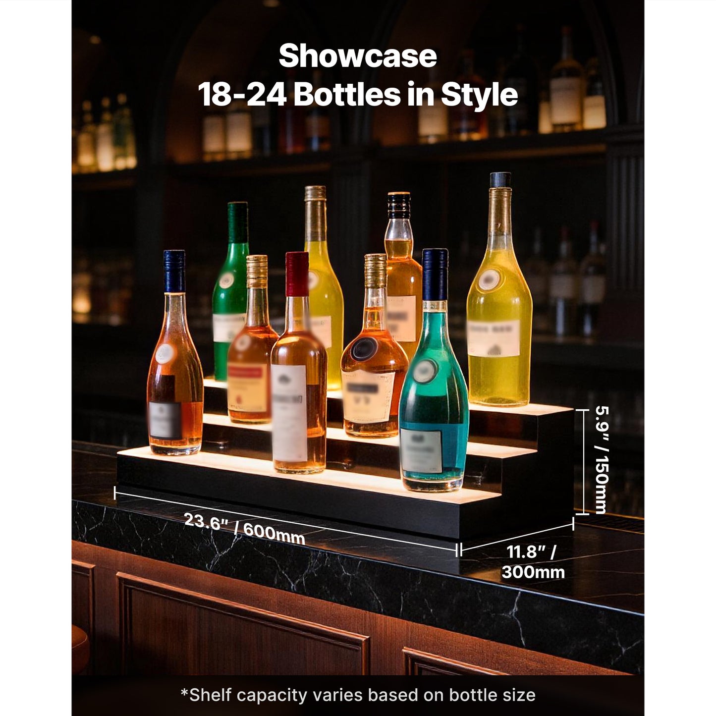 LED Lighted Liquor Bottle Display, 3 Tiers 24 Inches, Supports USB, Acrylic Illuminated Home Bar Shelf Display With RF Remote & App Control, 9 Static Colors, Timing Mode, For 18-24 Bottles