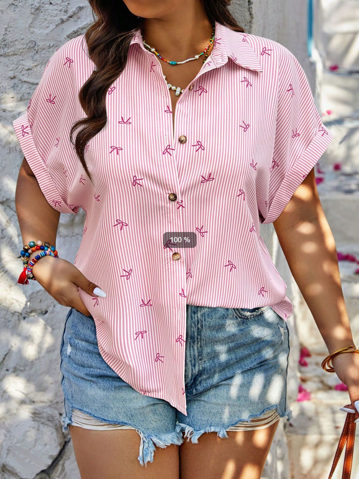 Womens Fashion Plus-size Striped Print Short-sleeve Top