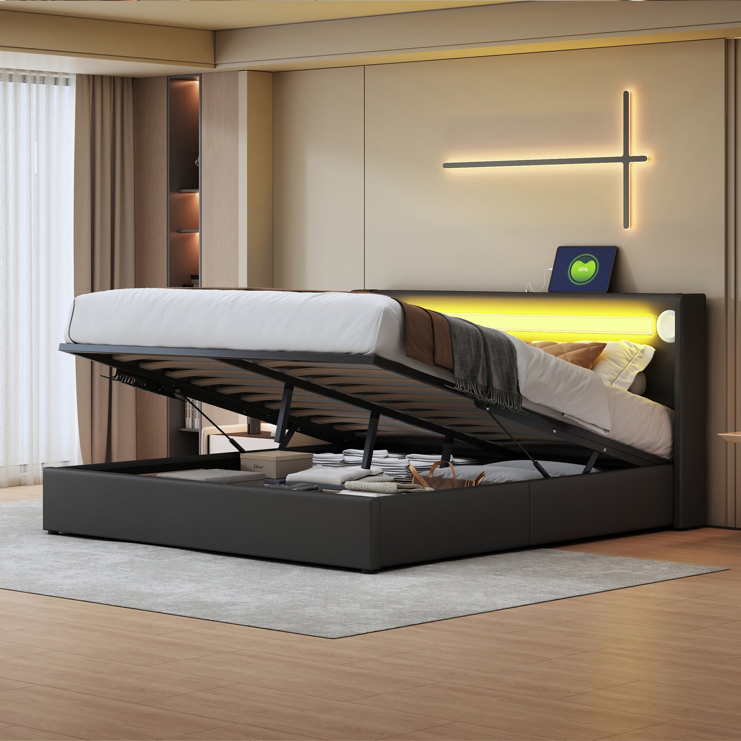 Upholstered Bed 160x200 Bed With LED Light Strip, Bluetooth Player And USB Charging, Storage Bed Made Of PU Leather, Loft Bed Box, Double Bed With Slatted Frame Black