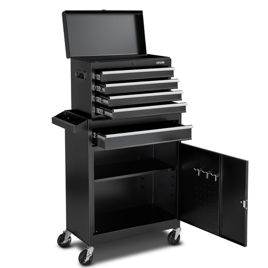 Rolling Tool Chest, 2-in-1 Design, 5 Drawers Tool Cabinet Organizer With Detachable Top Metal Toolbox, Lock Bar, Protective Liner, And Tools Rack, Garage Storage Cabinet For Warehouse, Workshop