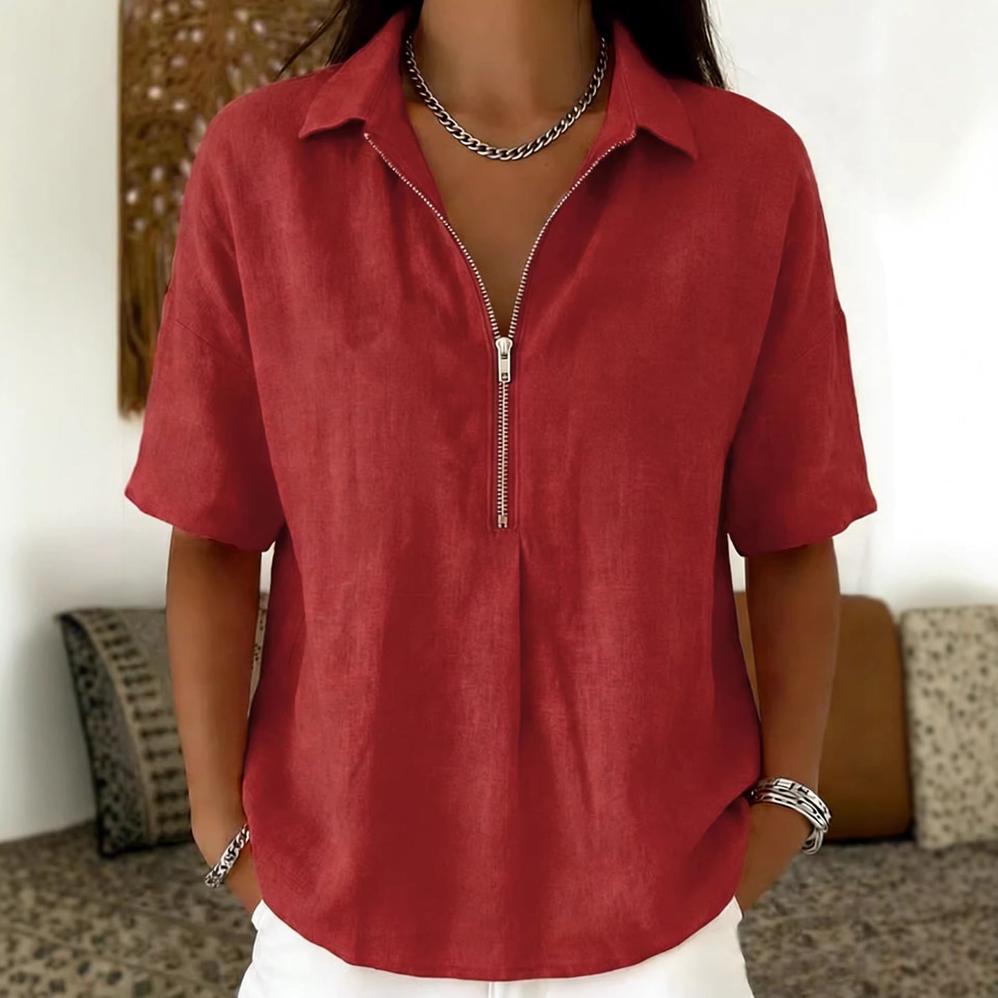 Womens Fashion Solid-color Zip-up Short-sleeve T-shirt