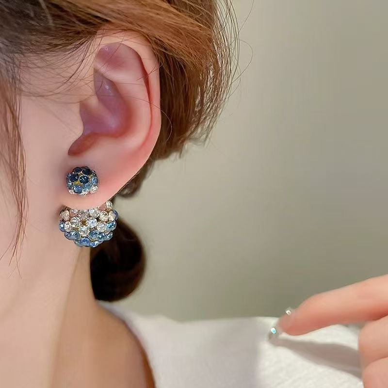Silver Needle Diamond Round Earrings, Dual-Wear Front & Back, Korean Light Luxury Studs