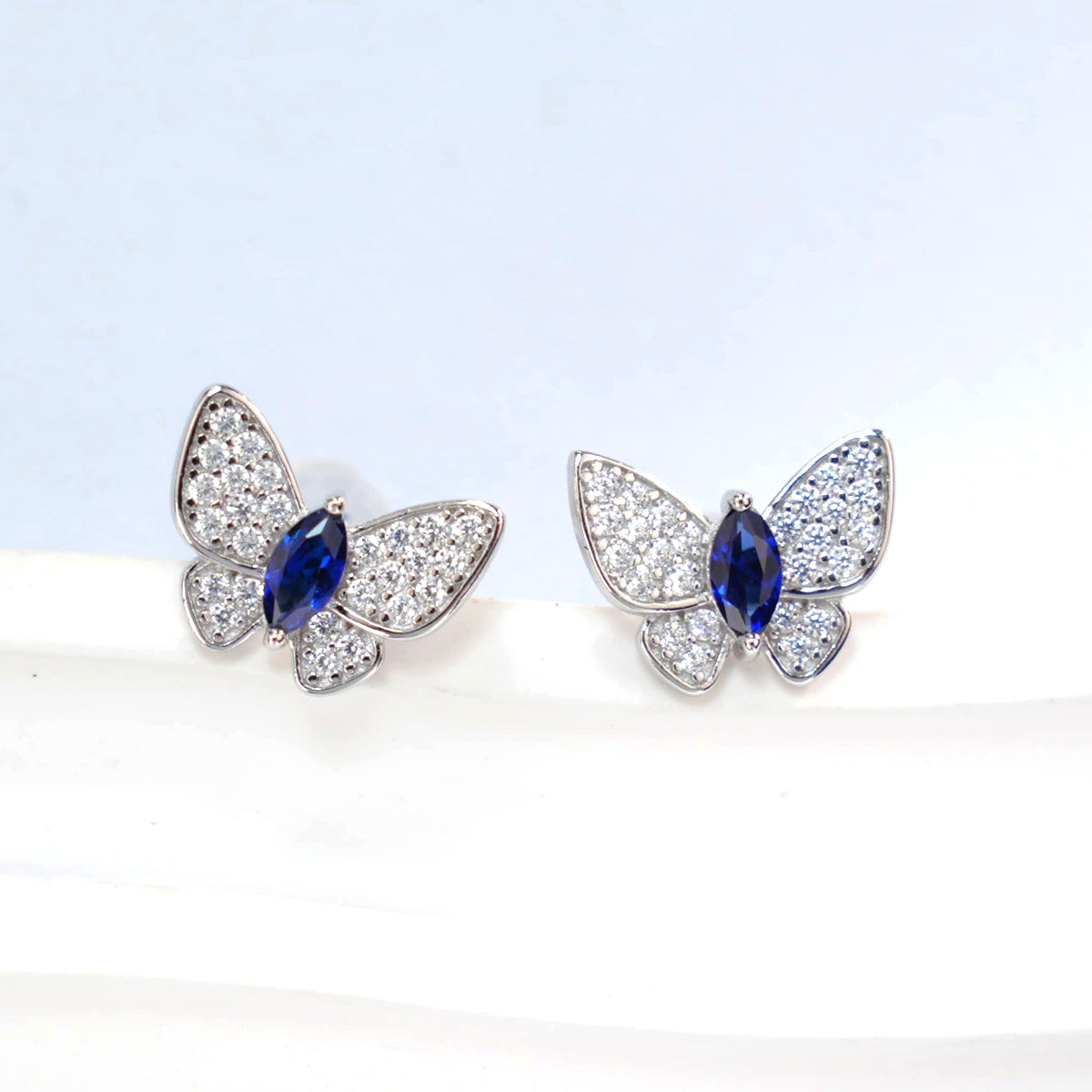 S925 Sterling Silver Butterfly Stud Earrings, 5x2.5mm Marquise Lab-Grown Ruby Sapphire Emerald, Platinum Plated 1.7g Fine Jewelry Gift Box