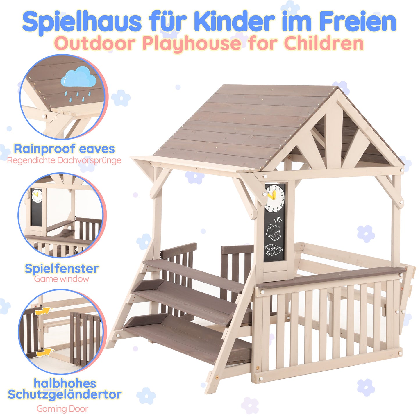 House-Shaped Outdoor Wooden Kitchen Playset With Rainproof Roof And Half-Height Railings, With A Multi-Purpose Plant And Toy Shelf, Suitable For Children 3 Years And Older, Outdoor Playhouse  Grey