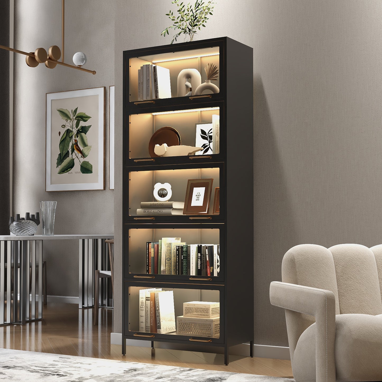 76.75  Tall Iron Display Cabinet With Glass Doors, 5-Tier Steel Barister Bookcase With LED Lights For Collectibles, Modern Style Curio Cabinet For Home Living Room Office Study & Playroom - Black