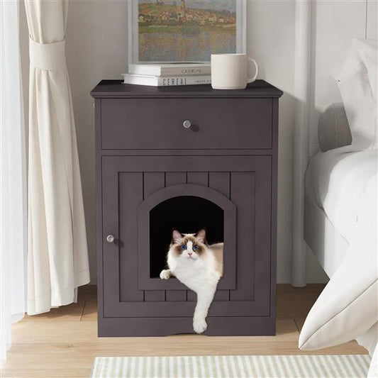 Wooden Pet House Cat Litter Box Enclosure With Drawer, Side Table, Indoor Pet Crate, Cat Home Nightstand Brown