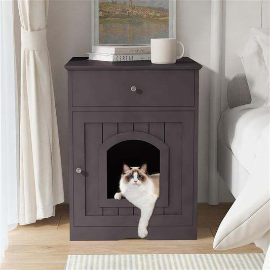 Wooden Pet House Cat Litter Box Enclosure With Drawer, Side Table, Indoor Pet Crate, Cat Home Nightstand Brown