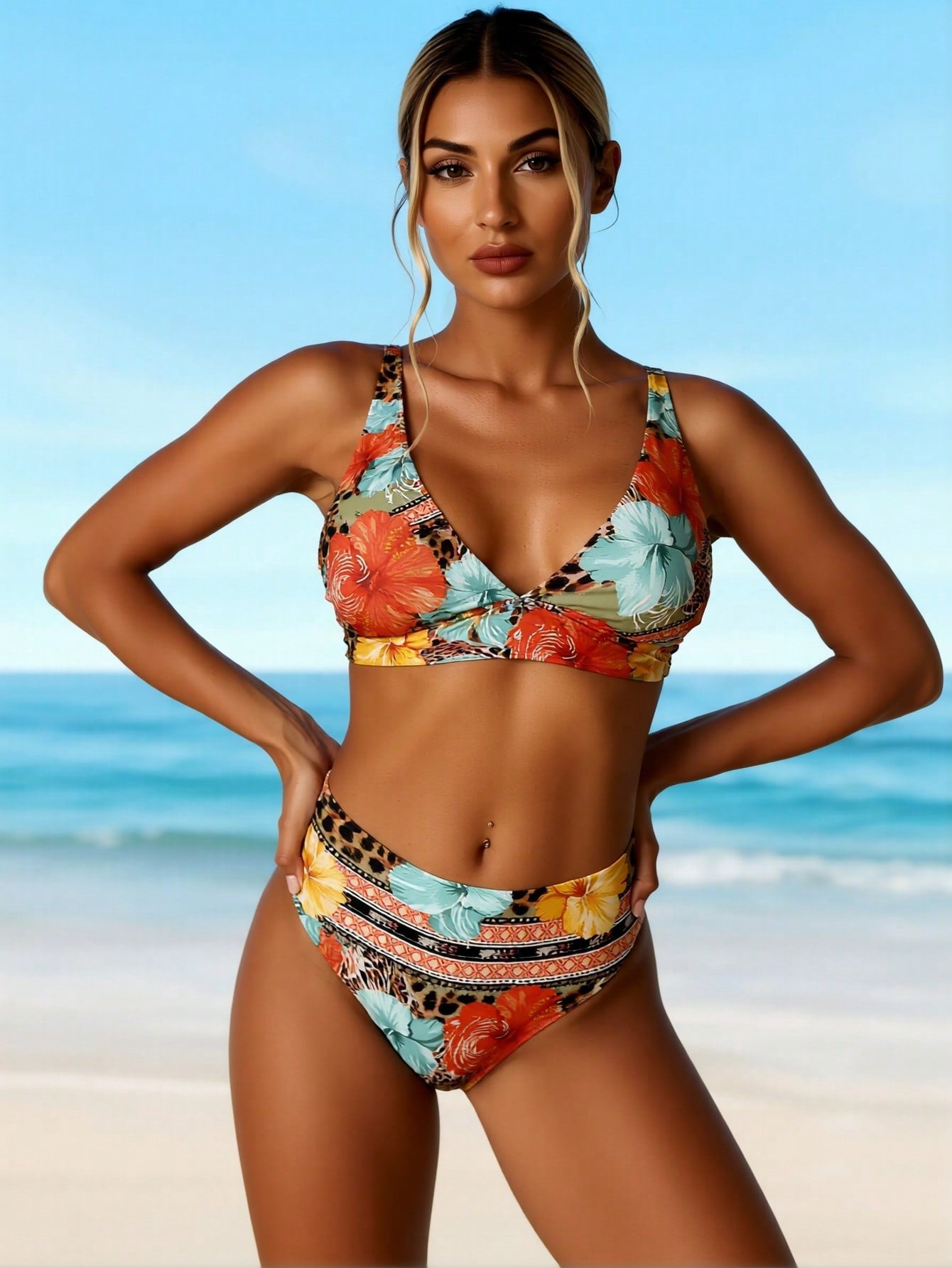 2026 New Hawaiian Floral & Animal Print Swimwear, Mid Waist Tummy Control Two-Piece Swimsuit