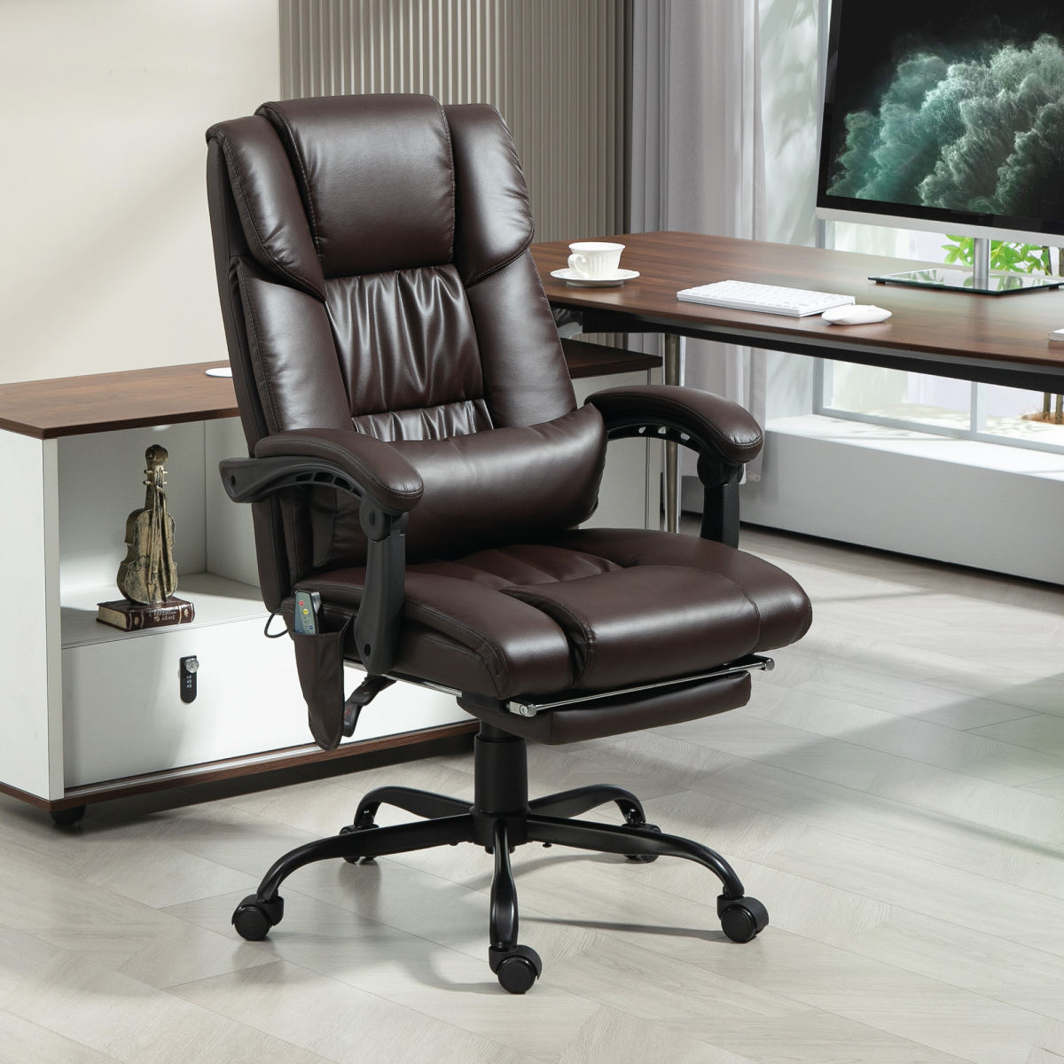 Massage Office Chair With 6 Vibrating Points, High Back Reclining Office Chair With Footrest And Remote, Brown