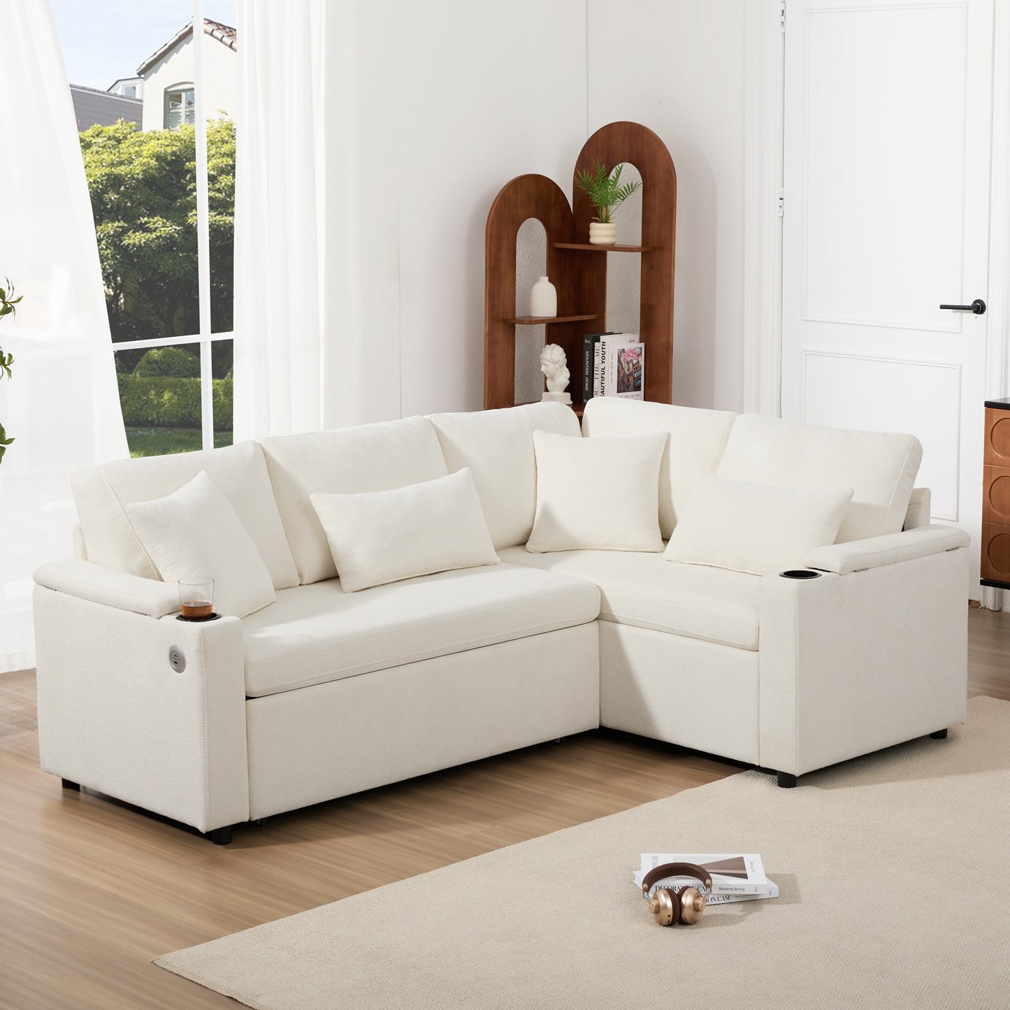 L Shaped Extendable Convertible Corner Sofa With Storage, Cup Holders, USB Charging Port, Armrest Tray And 4 Cushions, Ideal For Living Room, Guest Room And Home Cinema, Beige.