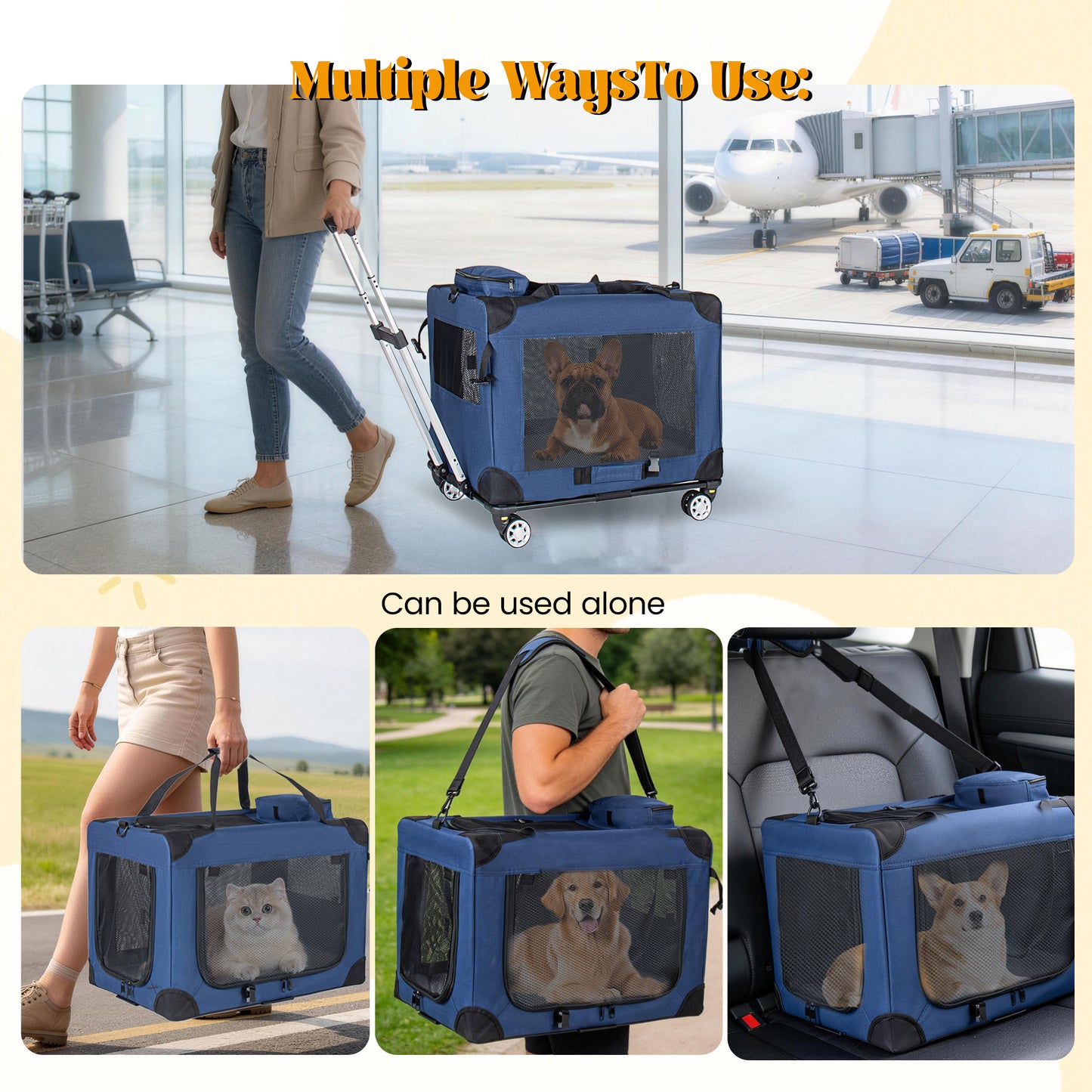 2 In 1, 28   Collapsible Travel Dog Crate For Medium Large Dogs, Rolling Pet Carrier With Wheels, 3-Door Portable Folding Pet Kennel With Mesh Windows, Indoor Outdoor Travel Use, Dark Blue