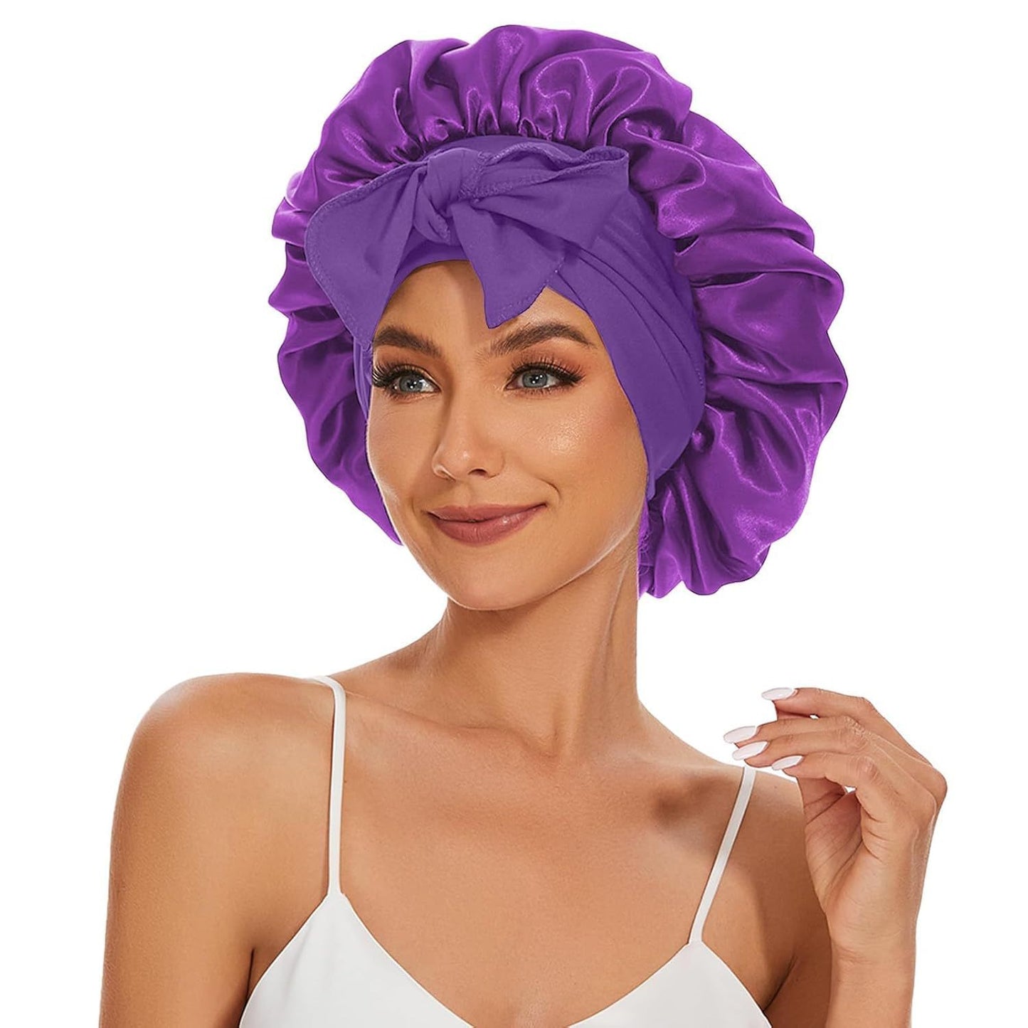 Satin Sleep Bonnet With Bow Knot, Elastic Wide Band Night Cap, Silk Like Satin Hair Bonnet For Women, Beauty Sleep Hair Protection Cap