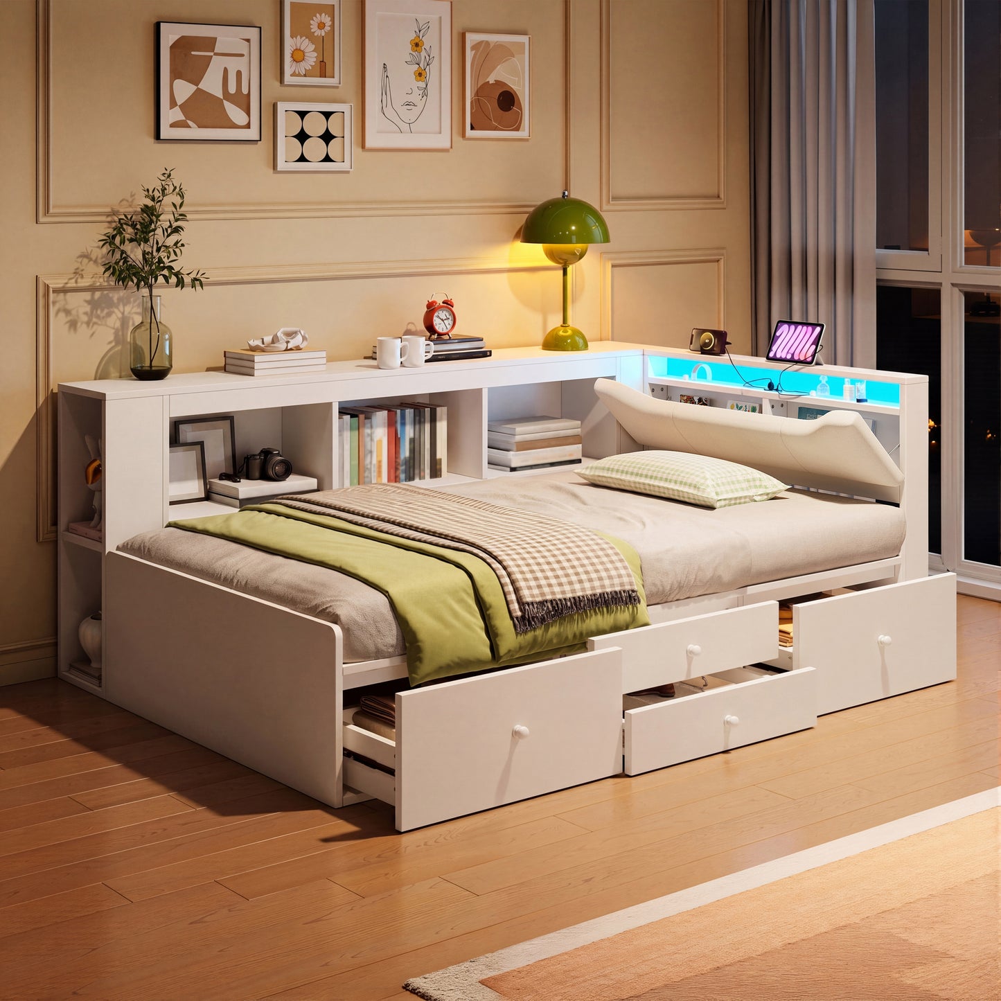 3ft Single Tatami Wooden Bed Frame With Underbed Storage And Drawers, LED Linen Headboard With Charging Station And Concealed Headboard Storage, Bedside Bookshelf Compartment, White  No Mattress