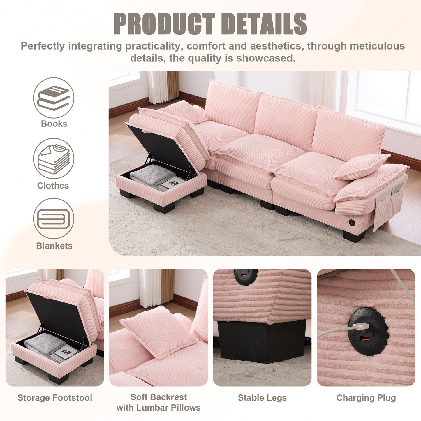 Sectional Cloud Modular Sofa,Deep Seat Sofa, Corduroy Sofa,Comfy Upholstered Furniture For Living Room, Apartment, Studio, Office,Having Multiple Combinations