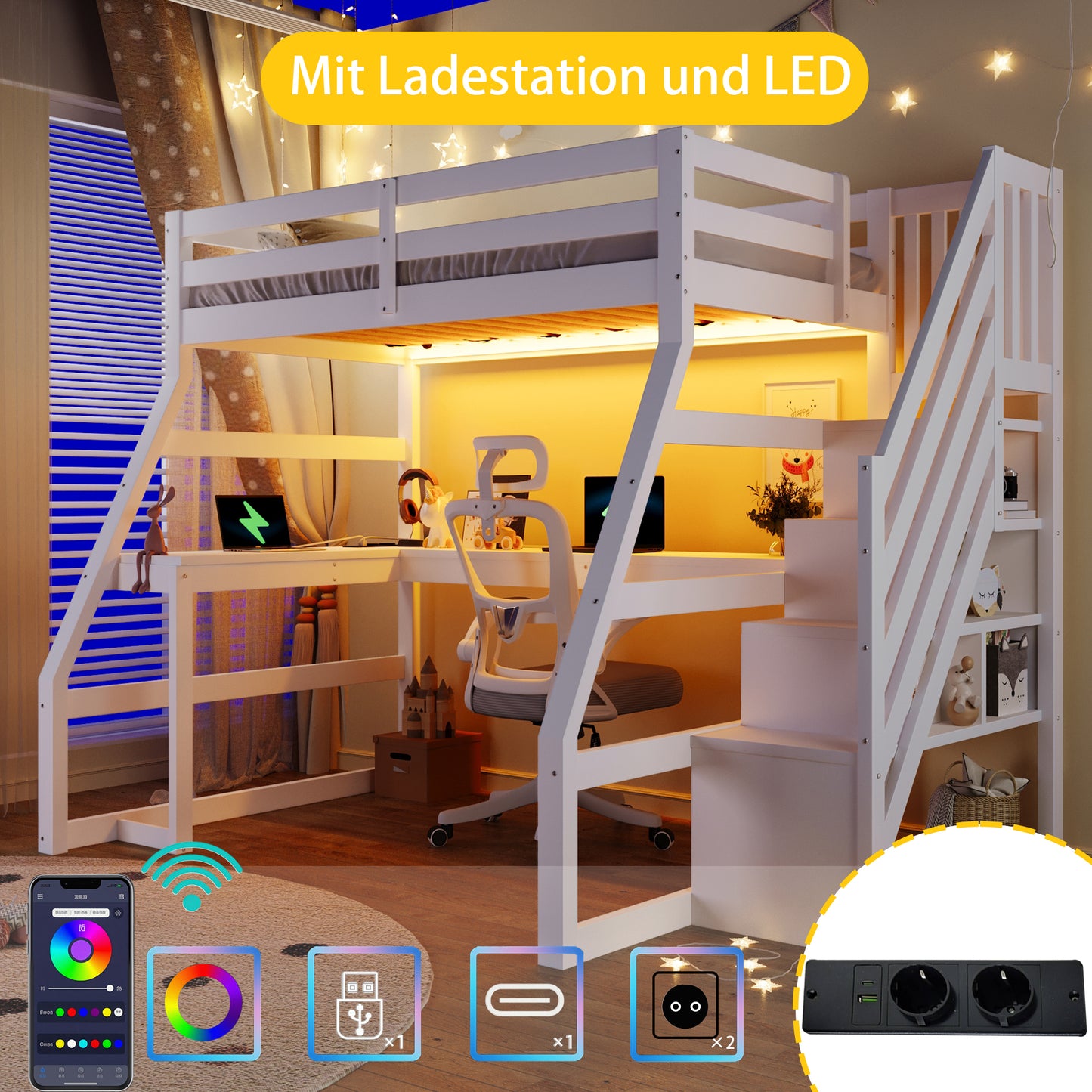 90x200 Wooden Loft Bed With Desk, LED Lighting, USB Port And Staircase With Storage, White