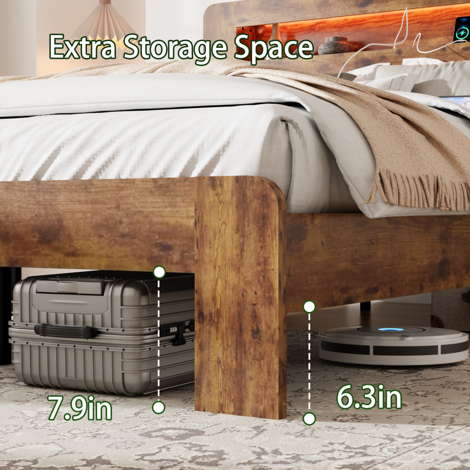 King Wood Bed Frame With LED Headboard, 2 USB & Underbed Storage, Dark Brown