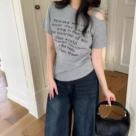 Korean-style Fashionable Letter-printed Off-shoulder Short-sleeve T-shirt