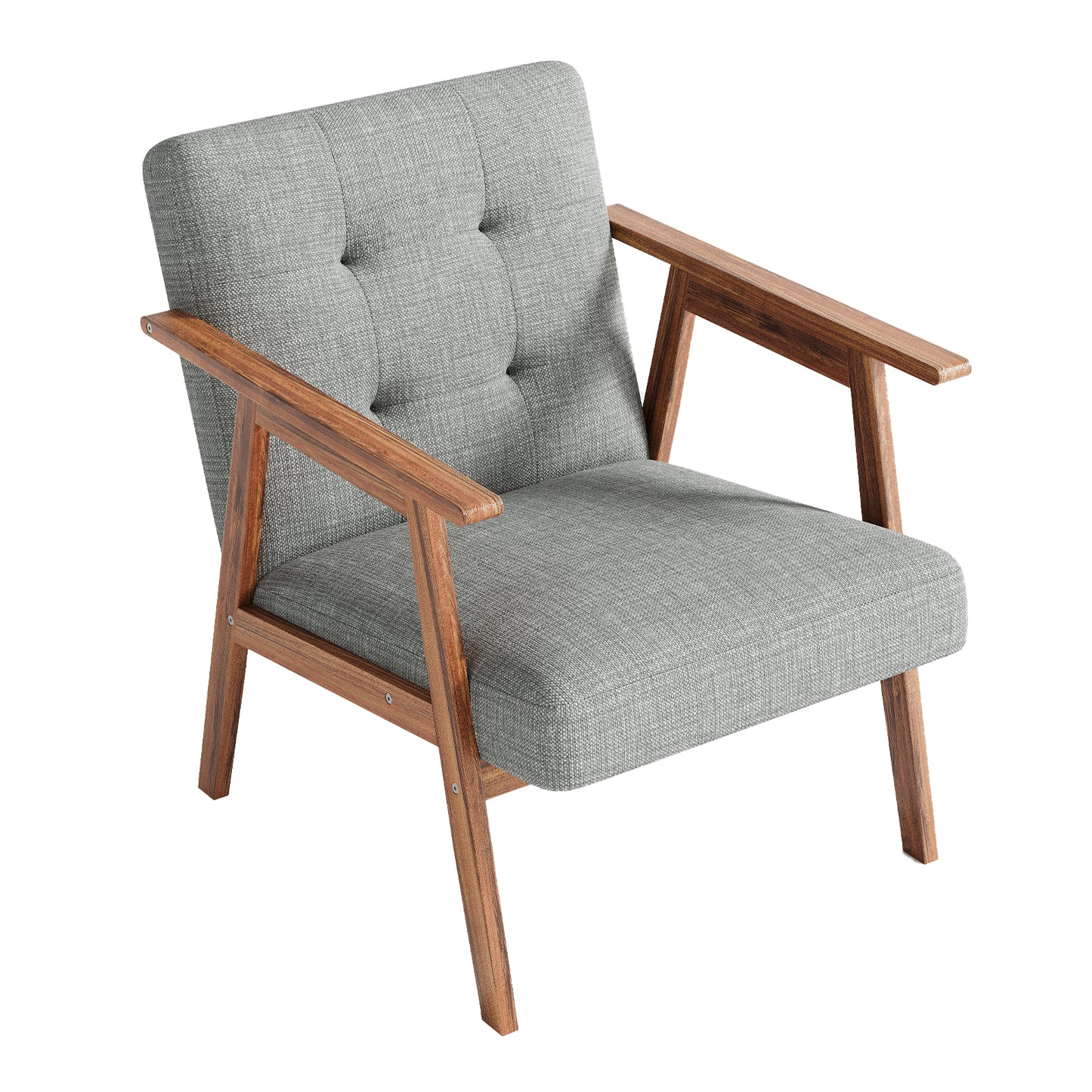 Modern Accent Chair With Walnut Finish Thick And Comfy Seat Cushion Upholstered Living Room Lounge Arm Chair For Bedroom Office Light Grey