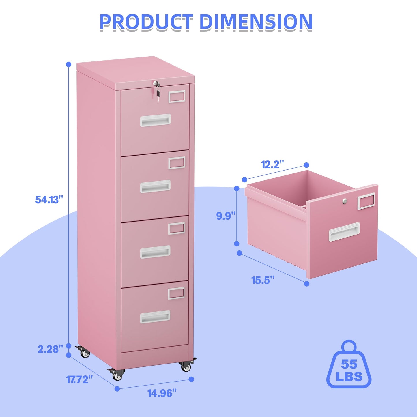 METAN 4 Drawer File Cabinet On Wheels, Lockable Metal Filing Cabinet With Handle And Name Card For Office Home,Assembly Required,Pink
