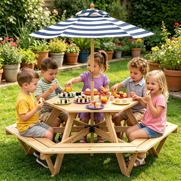 6-Seat Hexagonal Kids Picnic Table With Umbrella, Solid Fir Wood Outdoor Table & Bench Set For Backyard Garden, Age 3-8