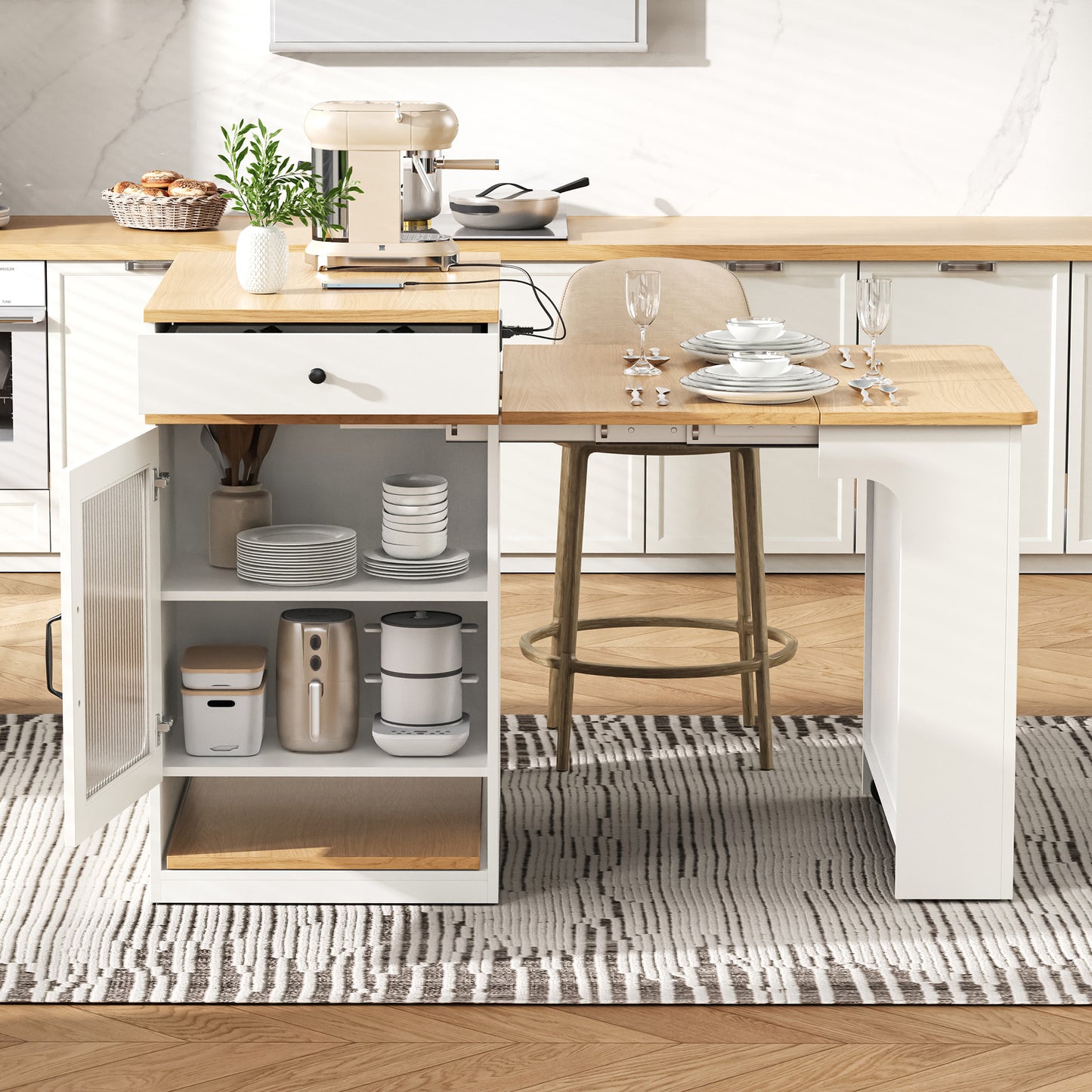 K&K 59.5   Kitchen Island With Extendable Dining Table, Kitchen Storage Table With Double-sided Storage, Kitchen Island With 2 Drawers, Power Outlet, Side Open Shelves, For Kitchen, Dining Room, White