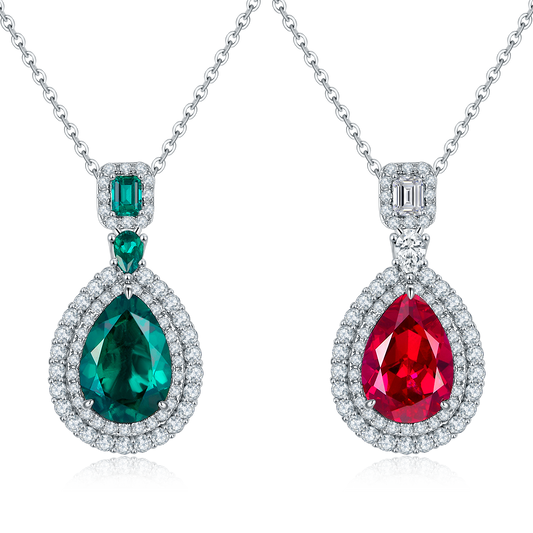 S925 Sterling Silver Lab-Grown Ruby Emerald Necklace, 13x9mm Pear Double Halo Pendant, Platinum Plated 40&45cm Chain, 5.8g Women's Gift Box