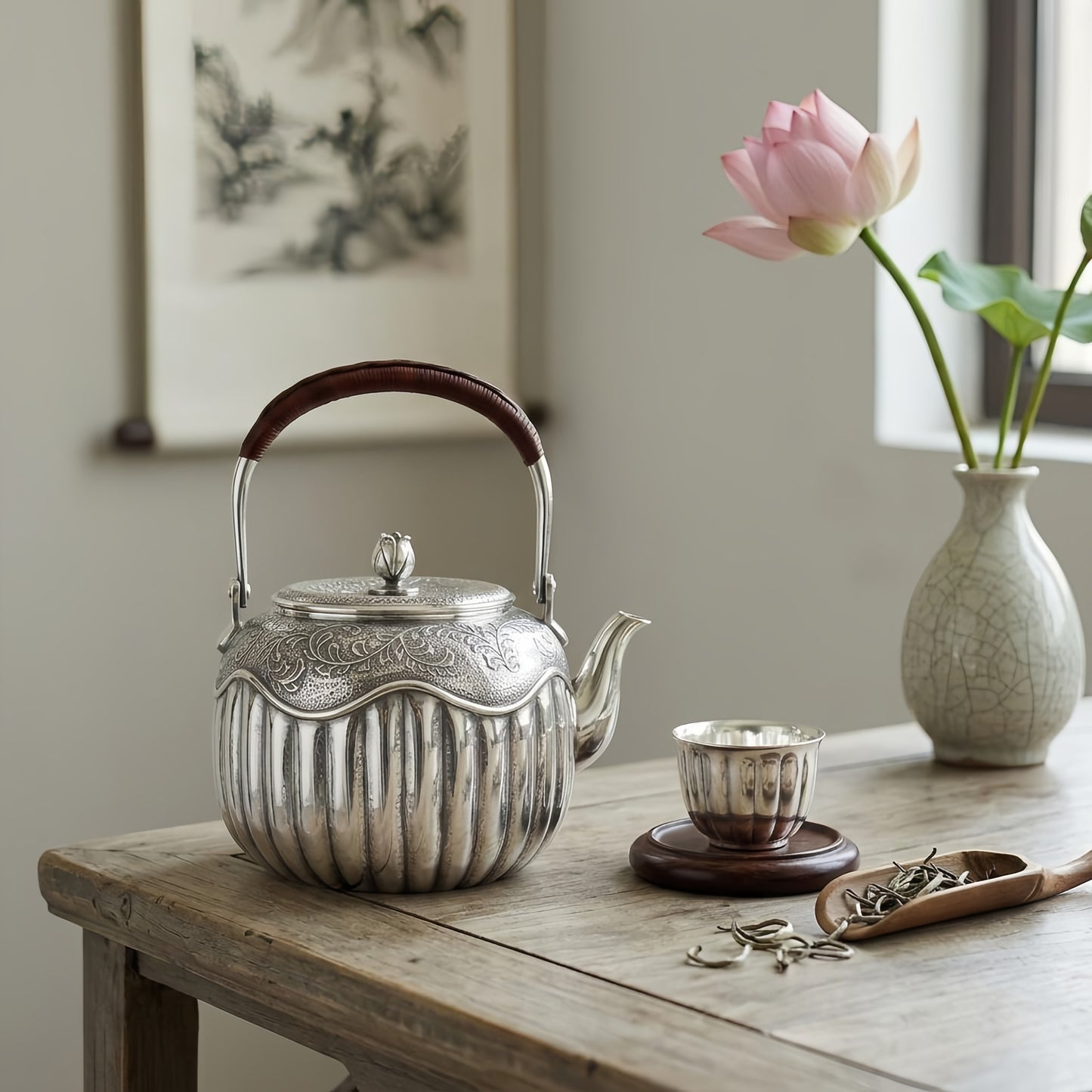 925 Sterling Silver Ornate Hand-Engraved Silver Teapot with Ribbed Body and Rattan Handle - Handicraft