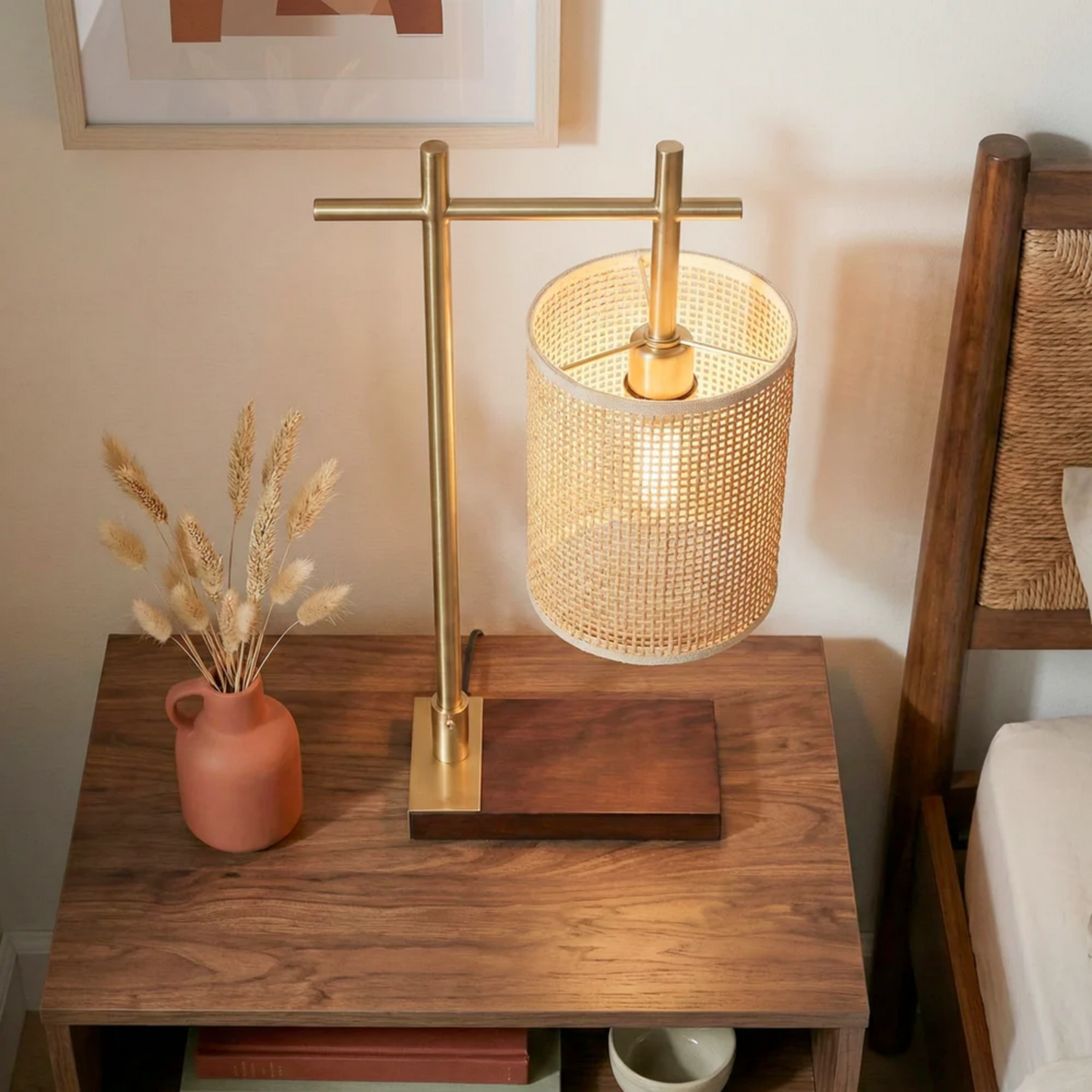 Bedroom Table Lamp Nordic Home Creative Romantic Warm Study Room Desk Bedside Lamp, Moonstone Bamboo Lampshade Table Lamp - Dark Brown - Bronze 110V