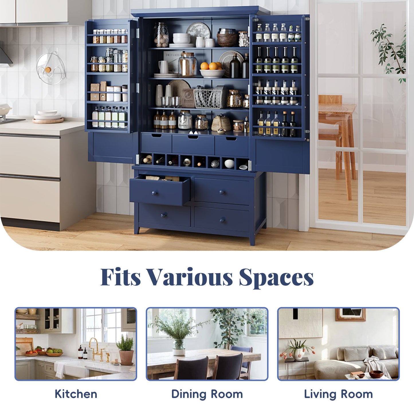 Assembly&Show Video Available  TOPMAx Freestanding Large Kitchen Pantry Wooden Kitchen Storage Cabinet Cupboard With 8 Door Shelves 3 Adjustable Shelves 7 Drawers& 8 Wine Racks  Blue