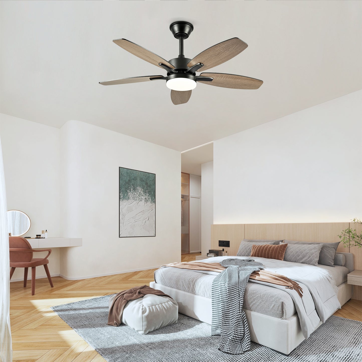 42  5PCS  Plywood Blades Ceiling Fan With Lights Remote Control,Quiet DC Motor  Ceiling Fans 6 Speed Levels,Reversible Ceiling Fan,for Patio Living Room, Bedroom, Office,Indoor. Matte Black