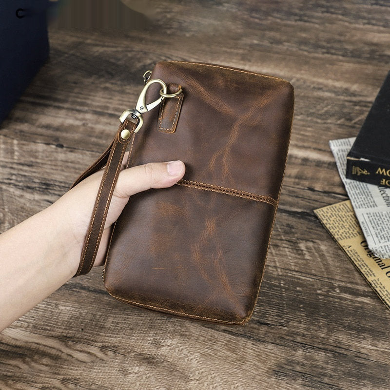 Vintage Brown Crazy Horse Leather Big Screen Mobile Phone Bag
