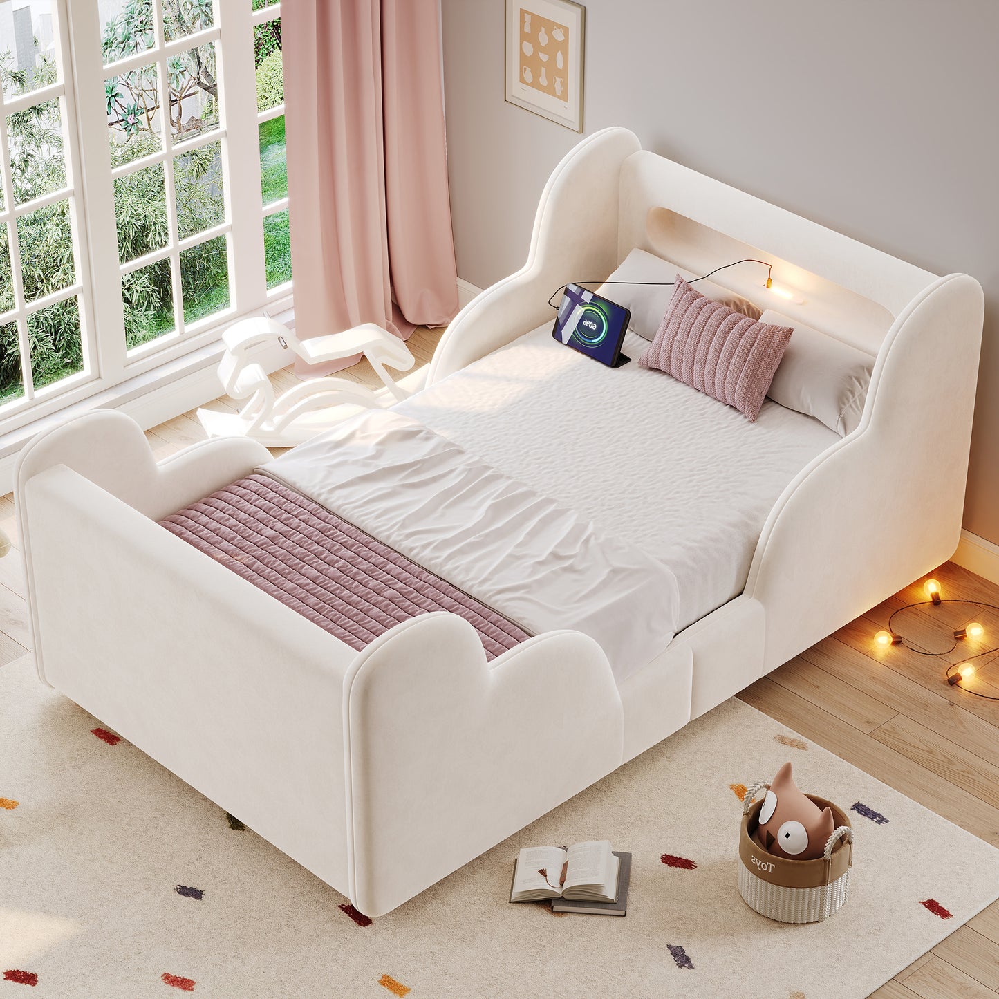 Children's Bed 90 X 200cm, Upholstered Bed, Single Bed, With Safety Railing, With Night Light And USB Charging Port And Storage Compartments, Bed Legs Made Of Solid Wood, Velvet, Beige