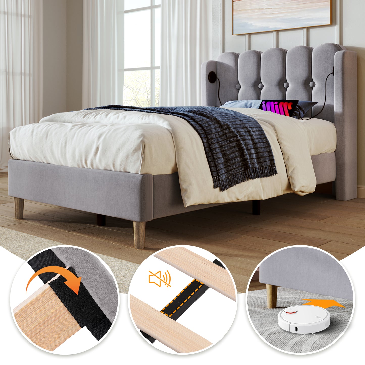Upholstered Single Bed With USB And Type-C Charging, Bed Frame With Wooden Slatted Frame, Teenager Bed For Bedroom & Guest Room, 3ft 90 X 190 Cm Bed Frame, Grey, Linen Material