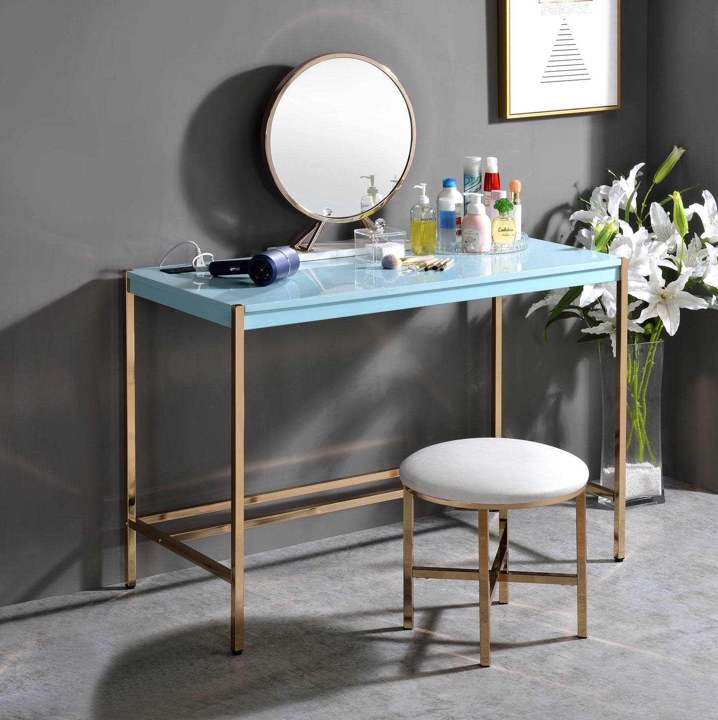 Midriaks Baby Blue & Gold Finish Writing Desk W USB