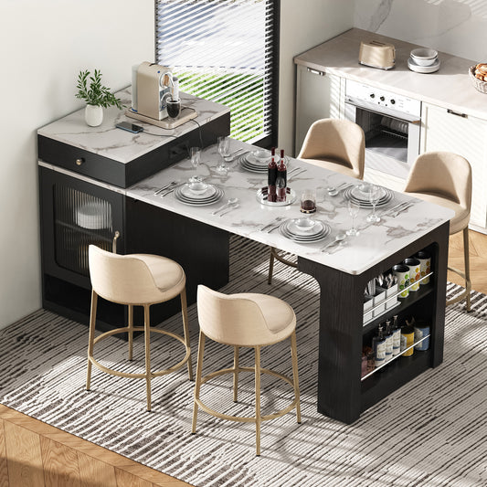 K&K 59.5   Kitchen Island With Extendable Dining Table, Kitchen Storage Table With Double-sided Storage, Kitchen Island With 2 Drawers, Power Outlet, Side Open Shelves, For Kitchen, Dining Room, Black