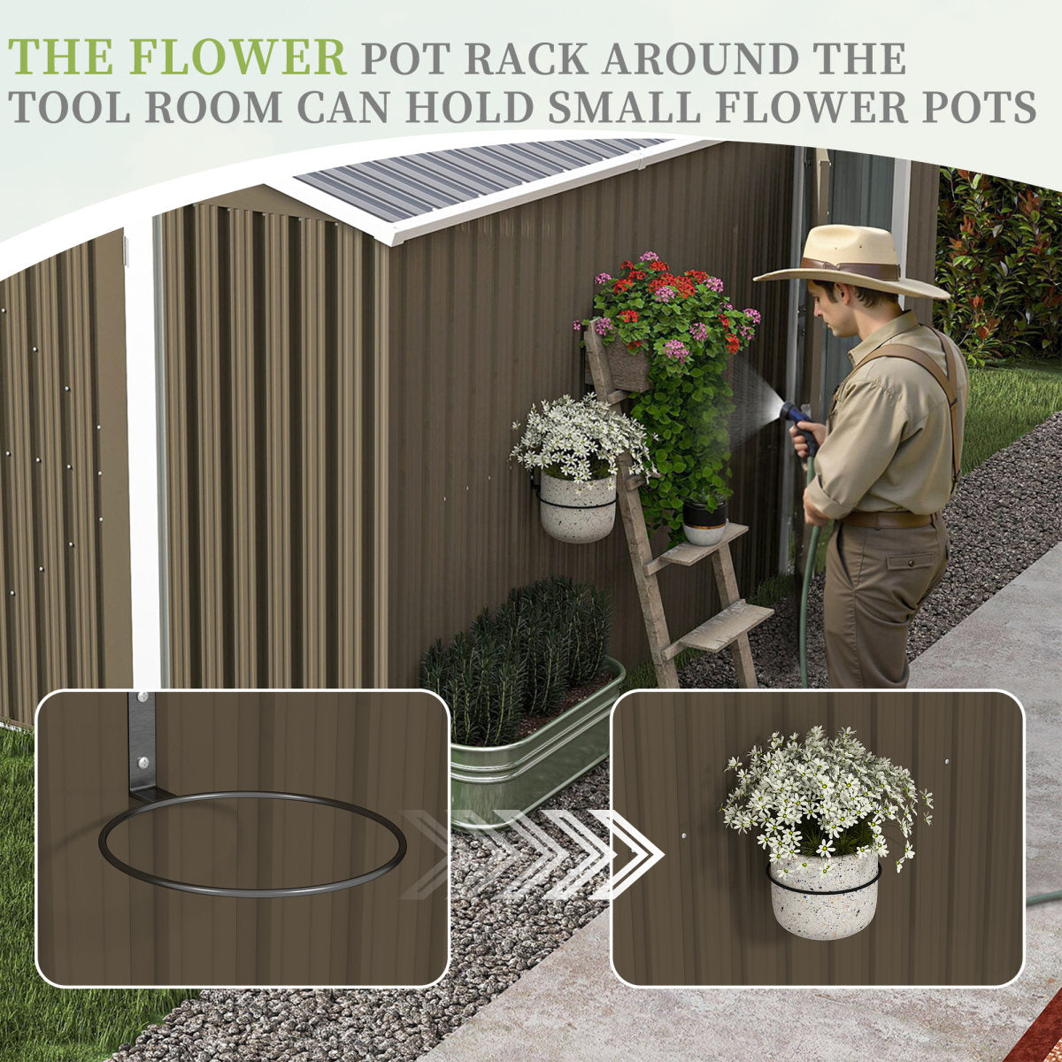 10x12 FT Outdoor Metal Storage Shed, Large Storage Sheds With Sturdy Frame Structure, Metal Garden Tool Shed With Lockable Door For Garden,Gift A Foldable Flower Pot Stand, Backyard,BROWN