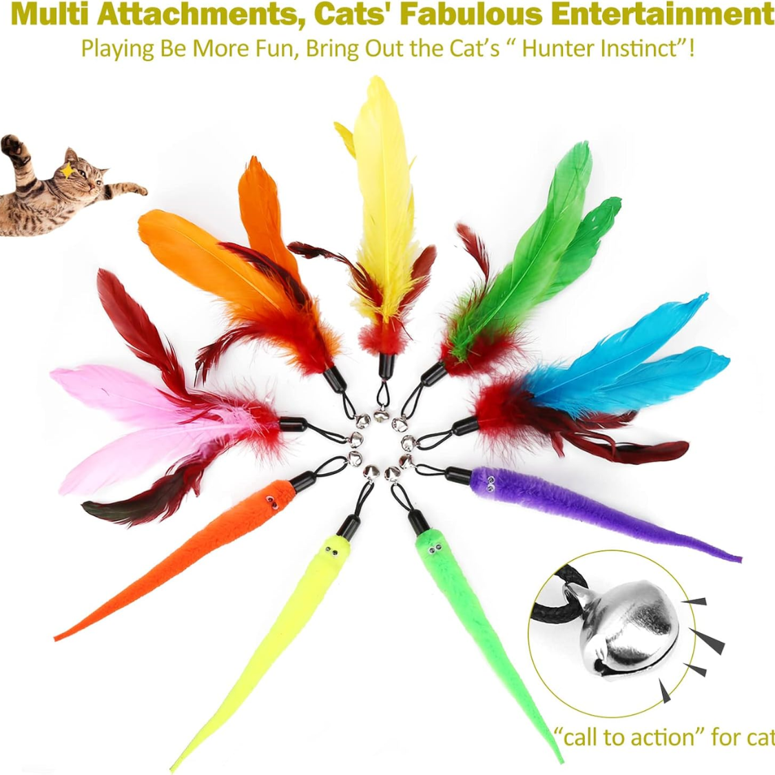 Cat Toys For Indoor Cats, Interactive Cat Toy 2PCS Retractable Wand Toy And 9PCS Cat Feather Toys Refills, Funny Kitten Toys Cat Fishing Pole Toy For