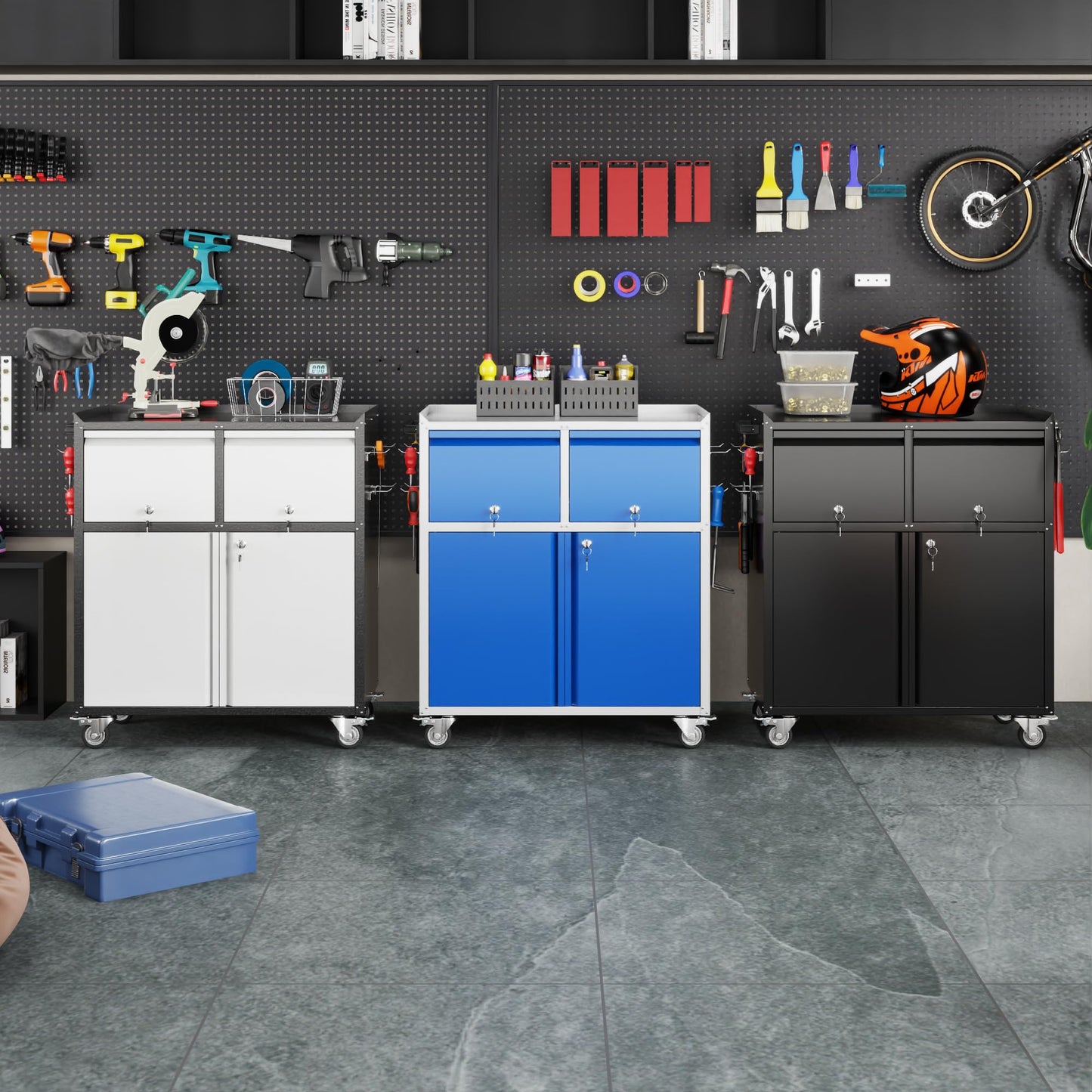Aobabo Rolling Metal Storage Cabinet With Wheels, Heavy Duty Steel Garage Tool Cabinet With 2 Drawers, Pegboard & 4 Hooks, Lockable Mobile Organizer With Adjustable Shelves, Black, Assembly Required