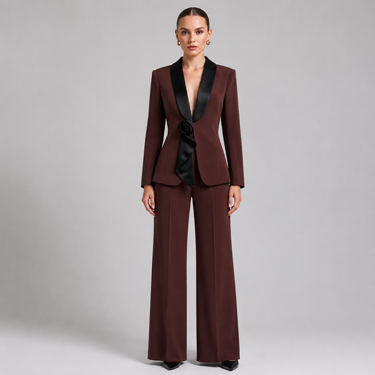 Satin Lapel 3D Floral Decor Blazer & Wide Leg Floor Pants 2-Piece Suit Set