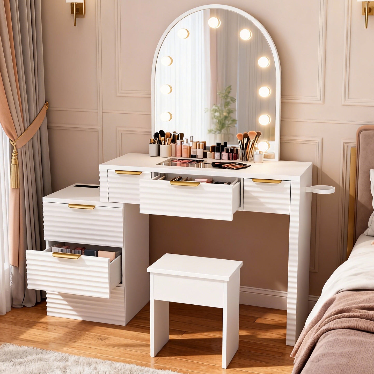 Makeup Vanity Desk With Mirror Lights Glass Tabletop 3 Lighting Modes Adjustable Vanity Table Modern Makeup Desk With Chair Power Outlet And 6 Drawers For Bedroom