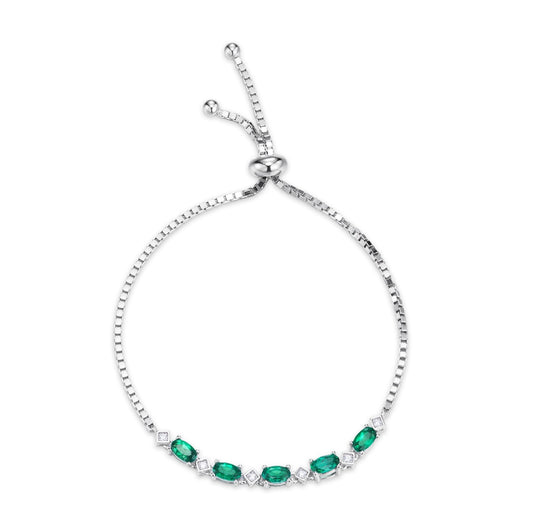 S925 Sterling Silver Oval Lab-Grown Emerald Bracelet 21cm Adjustable Slider Chain Platinum Plated Gift Box