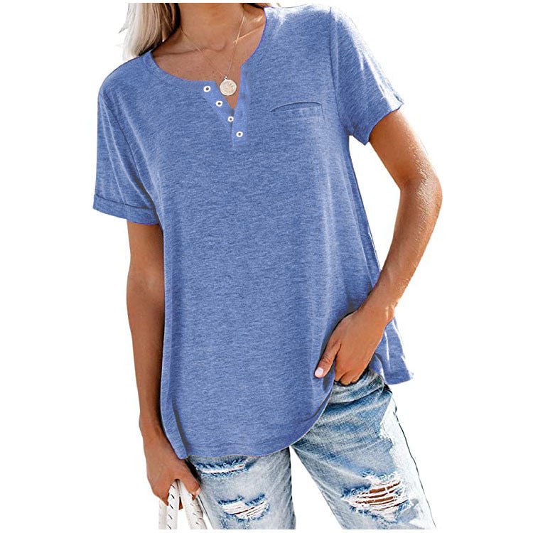 Women's Henley Neck Button Detail Curved Hem Pocket Decor Casual Short Sleeve T-Shirt