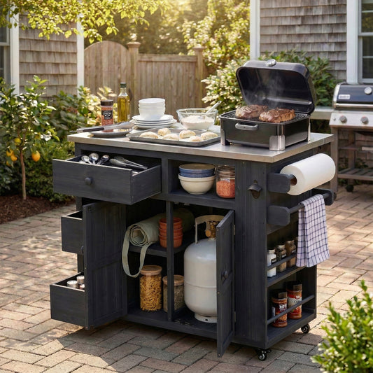 TOPMAx Outdoor Solid Wood Extendable 19.3  28  Kitchen Island  Stainless Steel Top Grill Table With Side Spice Rack  Kitchen Cart With Drawers  Storage Cabinet For Backyard  BBQ Party  Black