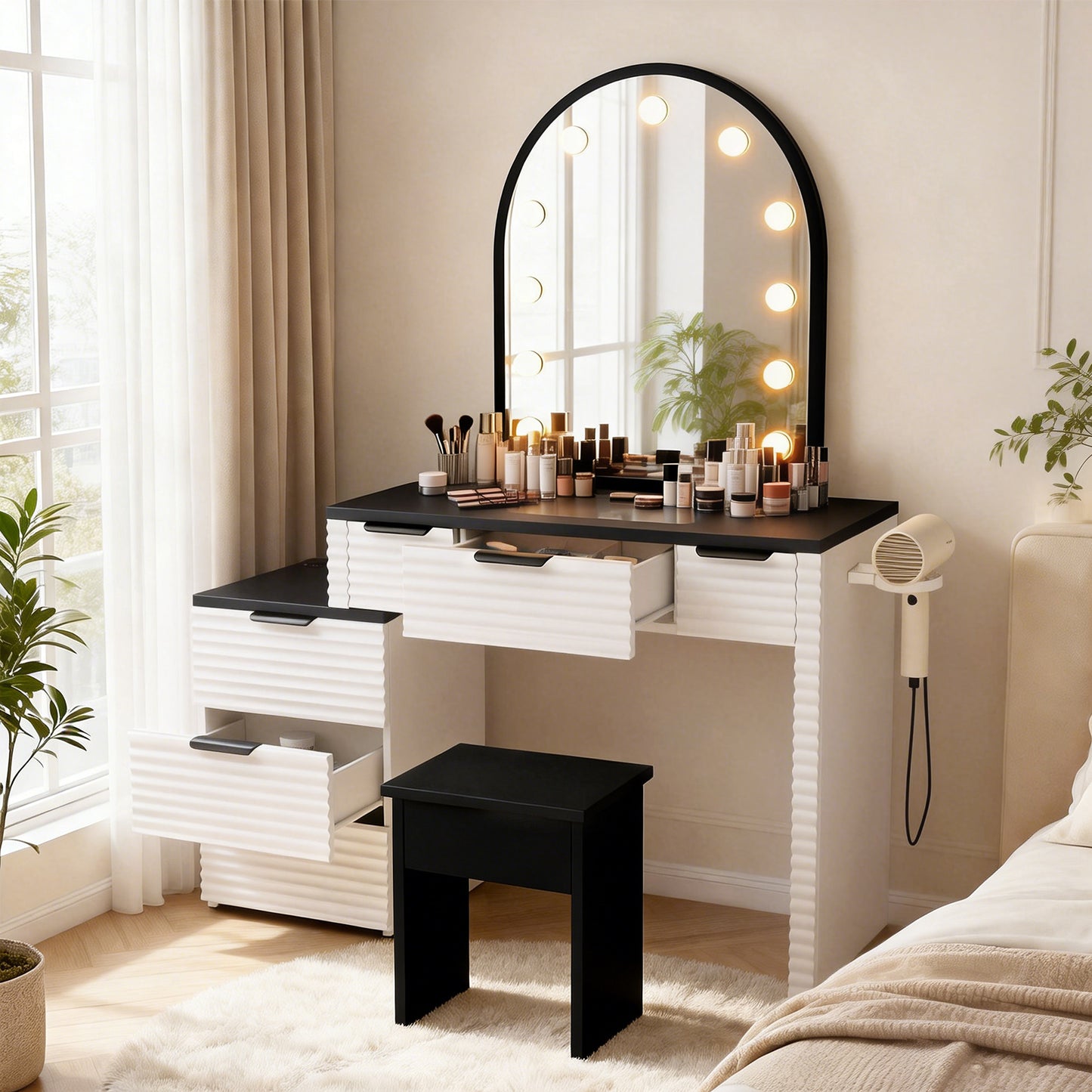 Modern Vanity Desk Chair Set With Mirror Light Fashionable 3 Lighting Modes Adjustable Makeup Table With Glass Top Power Outlet And 6 Drawers For Home Bedroom Salon