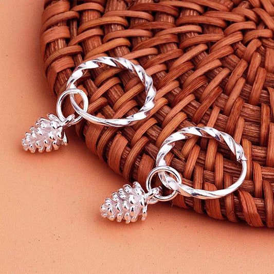 1 Pair 999 Sterling Silver Twisted Pine Cone Drop Earrings, Forest Style, Perfect For Daily Wear And Valentine's Gift