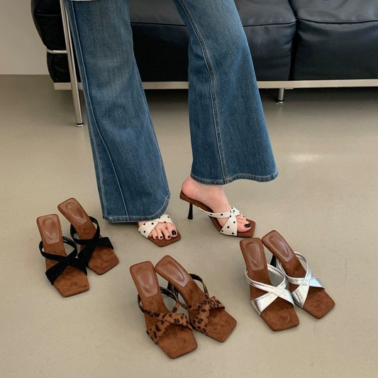 2026 Summer New Polka Dot Leopard Print Square Toe Cross Strap Stiletto Heel Slippers, Korean Style Open-toe One-strap Slippers For Women