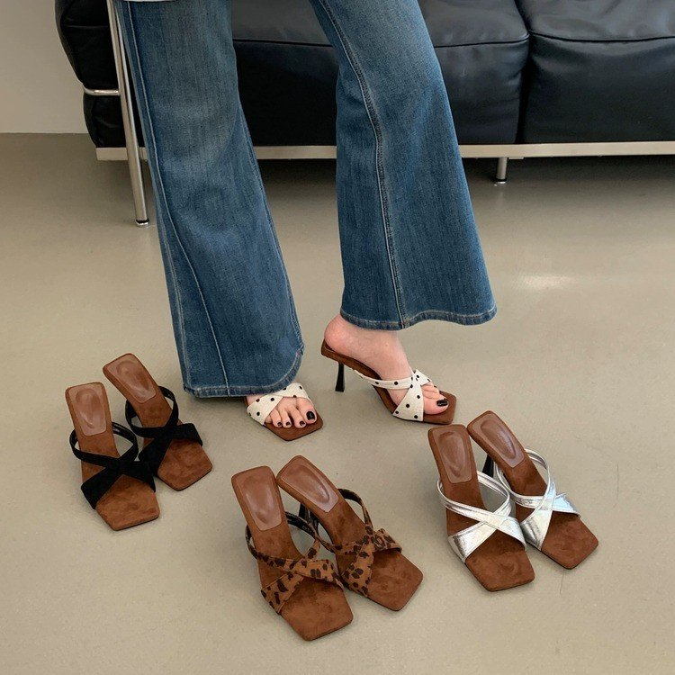 2026 Summer New Polka Dot Leopard Print Square Toe Cross Strap Stiletto Heel Slippers, Korean Style Open-toe One-strap Slippers For Women