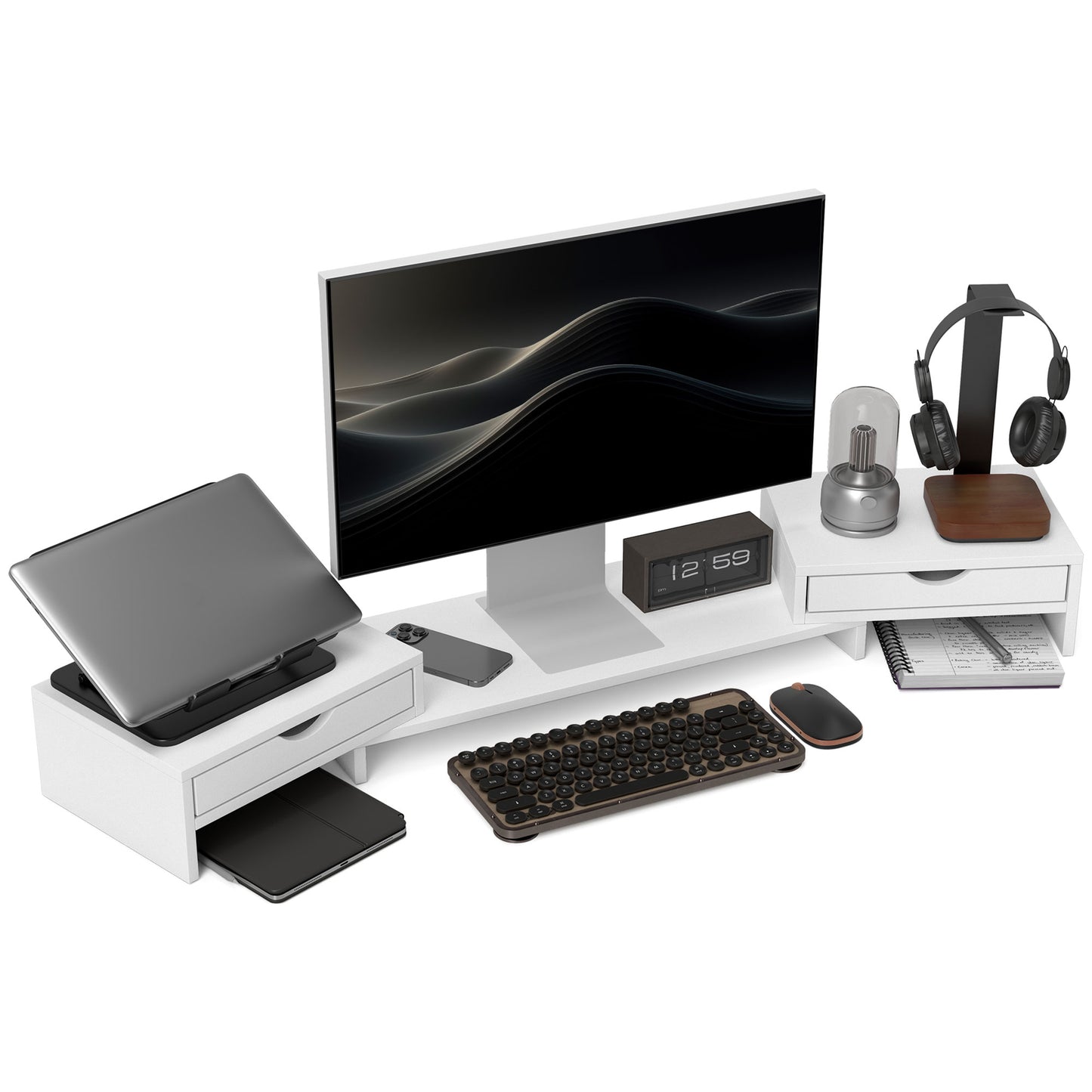 Dual Monitor Stand Riser With 2 Drawers, Adjustable Length And Angle, 116cm Monitor Riser For Laptop, Computer, PC, Small Printer, White