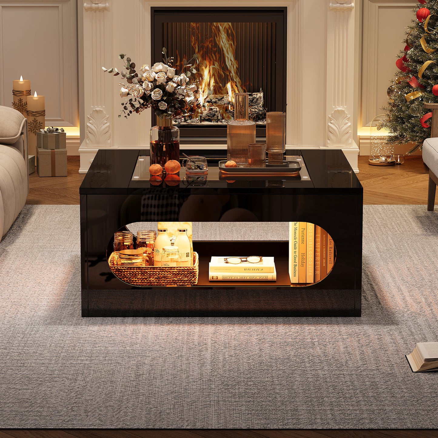 70x70x35cm Square Living Room Table, Hollowed Out Coffee Table In Middle, Tea Table With Tempered Glass Top,High Gloss LED Living Room Side Table,Christmas Party Table,Black, MDF