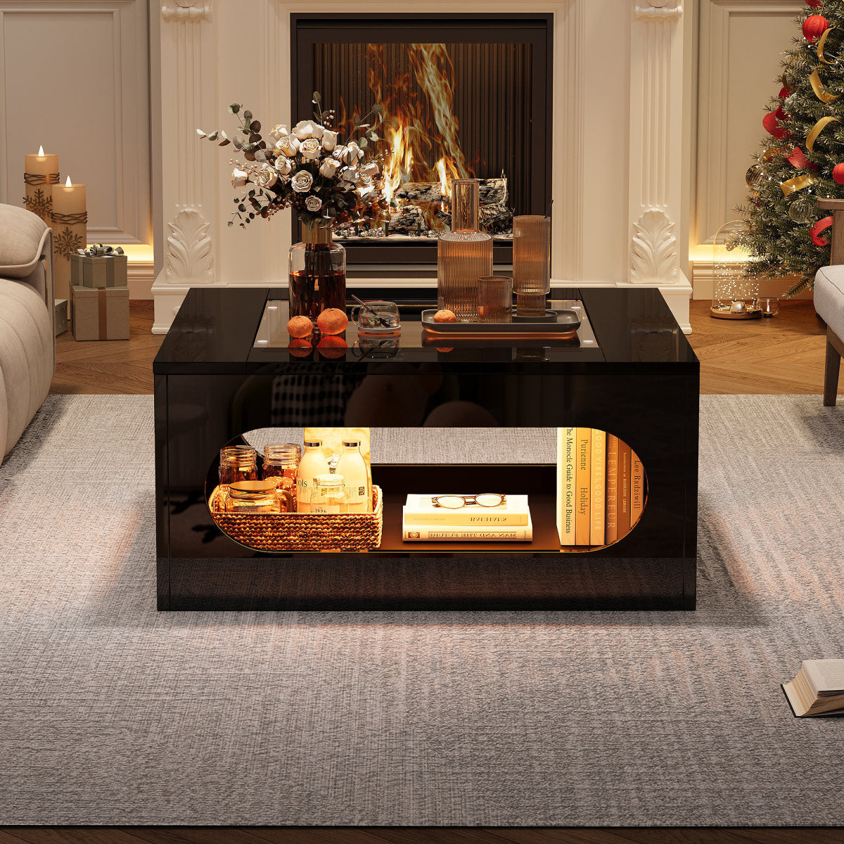 70x70x35cm Square Living Room Table, Hollowed Out Coffee Table In Middle, Tea Table With Tempered Glass Top,High Gloss LED Living Room Side Table,Christmas Party Table,Black, MDF